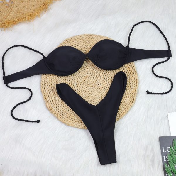 Bikini Swimsuit for Women Sexy Separate Solid Color Woven Strap Swimwear - Image 4