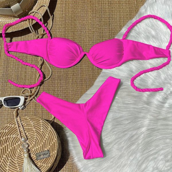 Bikini Swimsuit for Women Sexy Separate Solid Color Woven Strap Swimwear - Image 3