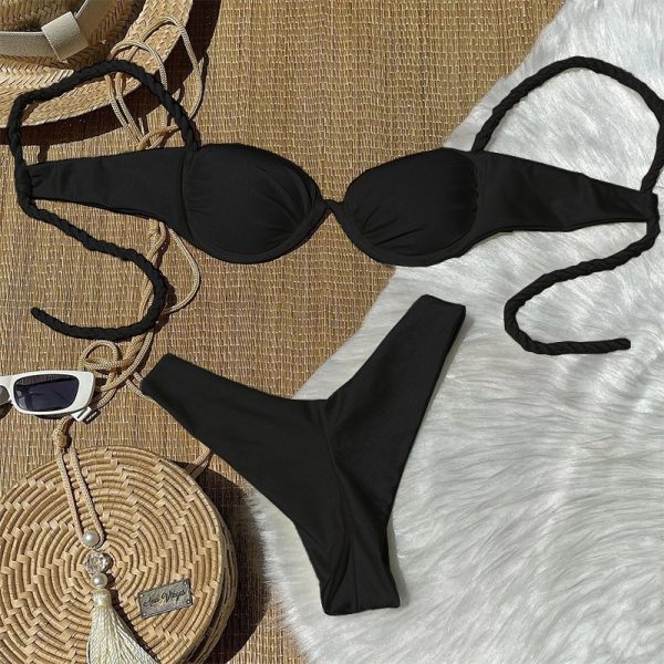 Bikini Swimsuit for Women Sexy Separate Solid Color Woven Strap Swimwear - Image 2