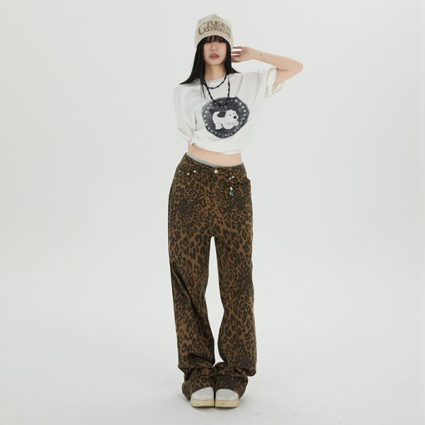 Women's Straight Print Jeans Wide Leg Loose Female Vintage Casual Pants - Image 2
