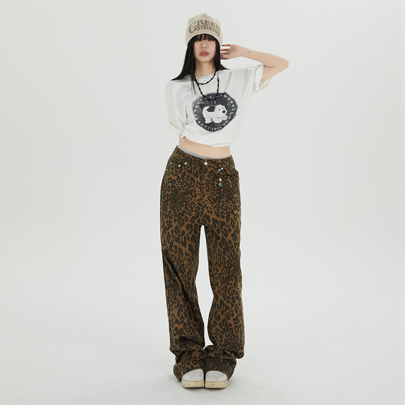 Women's Straight Print Jeans Wide Leg Loose Female Vintage Casual Pants - Image 2