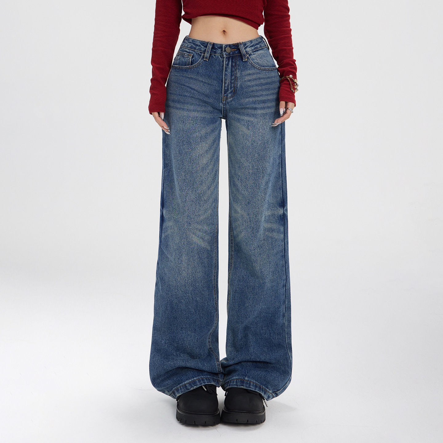 Washed Straight Leg Jeans for Women with Textured Design, Slim Wide Leg High Waist - Image 6