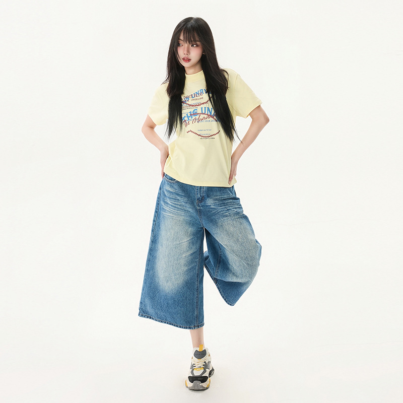 Design Creased 7/8 Length Jeans Women Summer Loose Wide-Leg Casual Lazy Mid-Length Pants - Image 3
