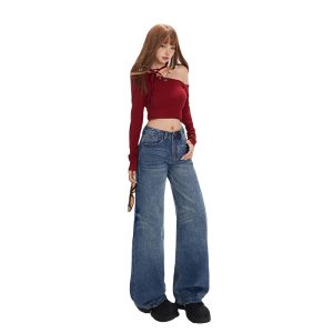 552572090 Washed Straight Leg Jeans for Women with Textured Design, Slim Wide Leg High Waist