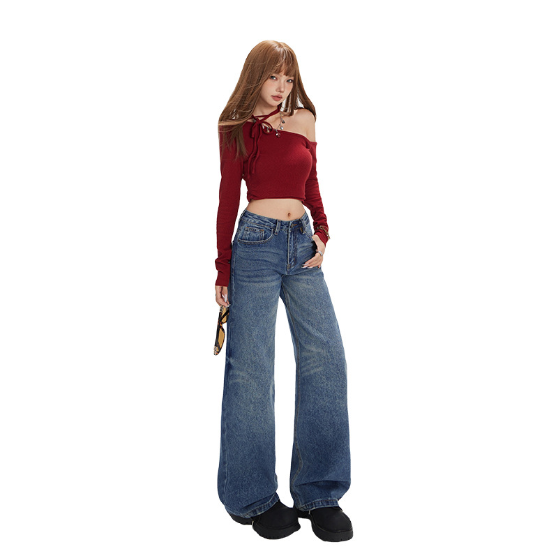 Washed Straight Leg Jeans for Women with Textured Design, Slim Wide Leg High Waist