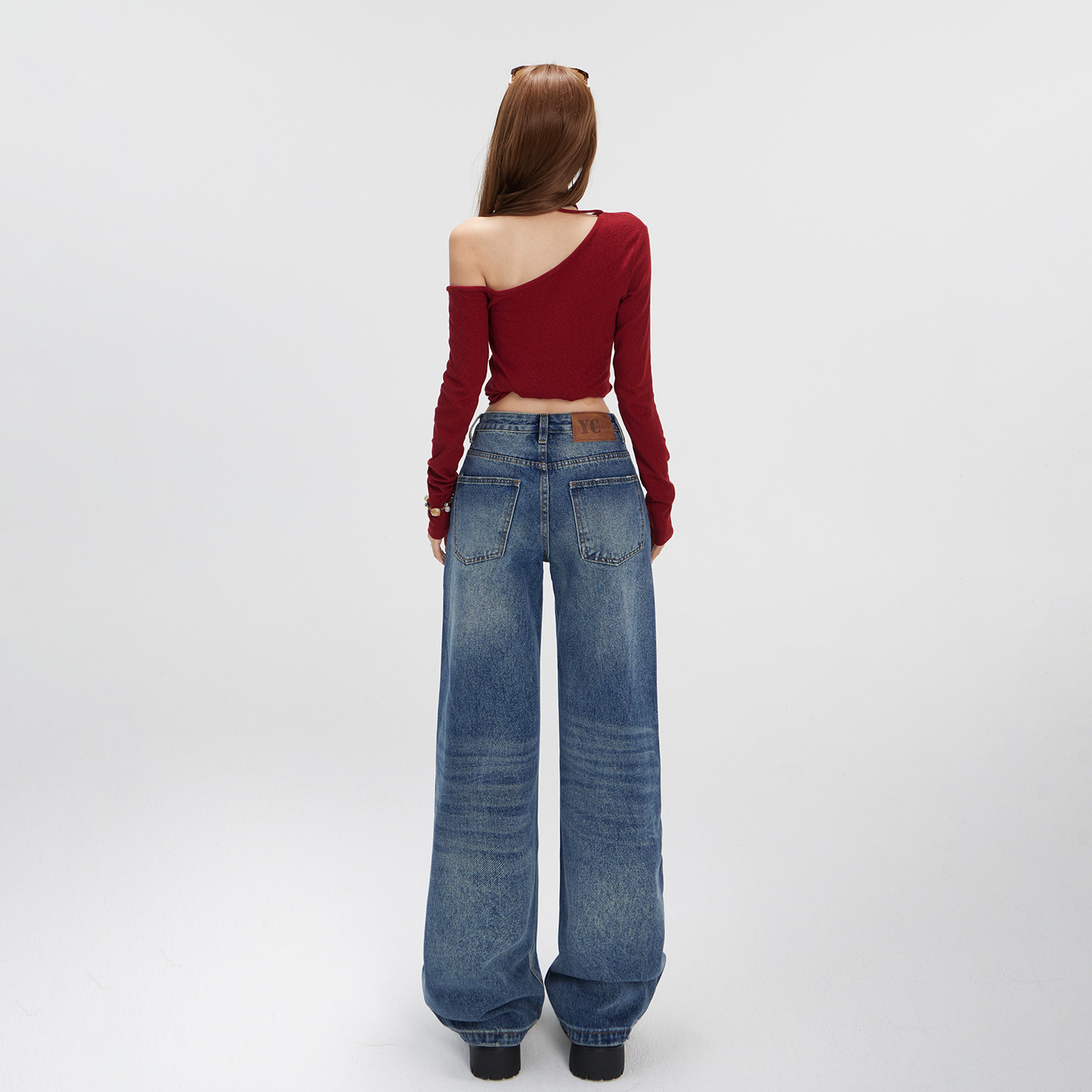 Washed Straight Leg Jeans for Women with Textured Design, Slim Wide Leg High Waist - Image 5