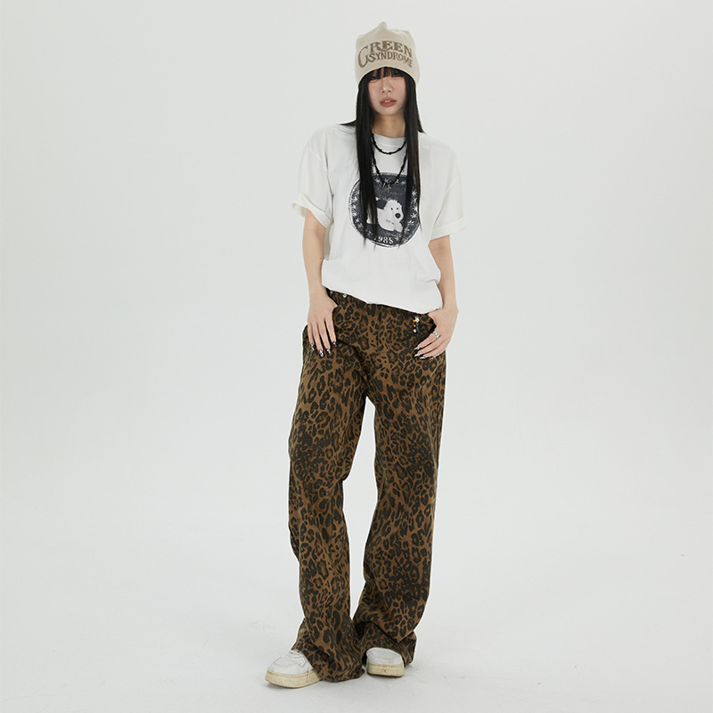 Women's Straight Print Jeans Wide Leg Loose Female Vintage Casual Pants - Image 4