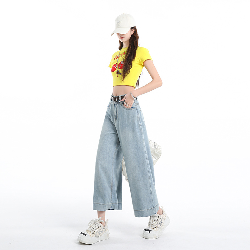 Light Blue Jeans for Women Summer Loose Straight Leg Cropped Ice Silk Wide Leg Pants - Image 3