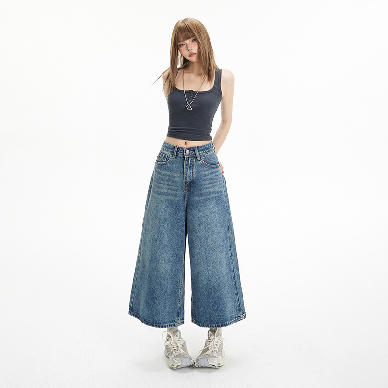 High-Waisted Loose Wide-Leg Pants Flowy Versatile Cropped Straight-Leg Jeans for Women - Image 2