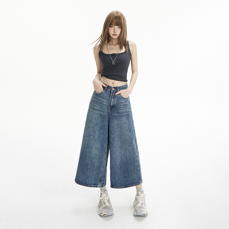 High-Waisted Loose Wide-Leg Pants Flowy Versatile Cropped Straight-Leg Jeans for Women - Image 3