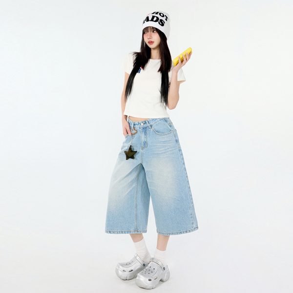 Design Creased 7/8 Length Jeans Women Summer Loose Wide-Leg Casual Lazy Mid-Length Pants - Image 4