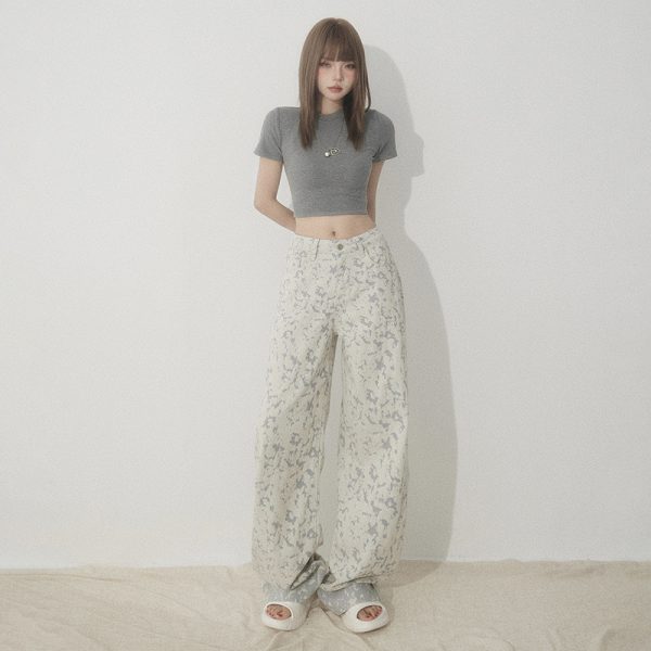 White Tie-Dye Printed Jeans for Women High Waist Loose Wide Leg Pants - Image 4