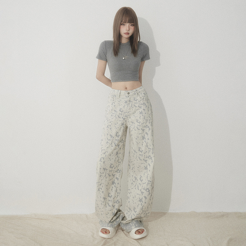 White Tie-Dye Printed Jeans for Women High Waist Loose Wide Leg Pants - Image 4