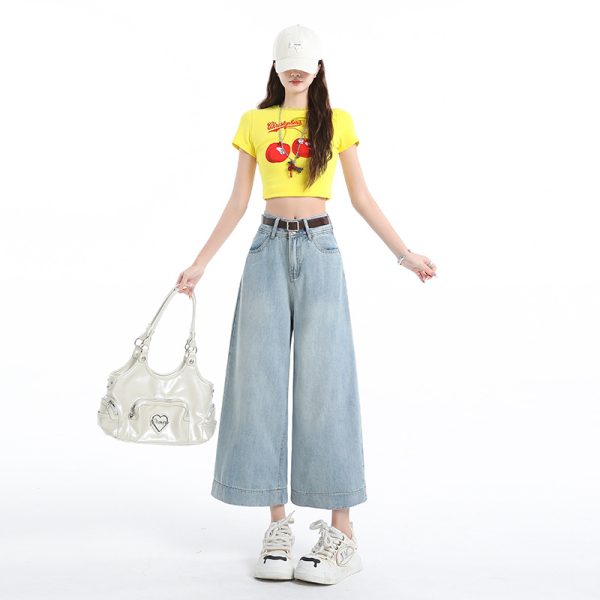 Light Blue Jeans for Women Summer Loose Straight Leg Cropped Ice Silk Wide Leg Pants - Image 2