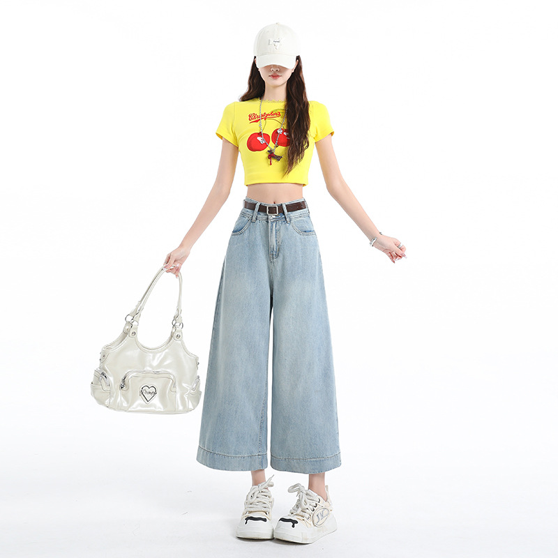 Light Blue Jeans for Women Summer Loose Straight Leg Cropped Ice Silk Wide Leg Pants - Image 2