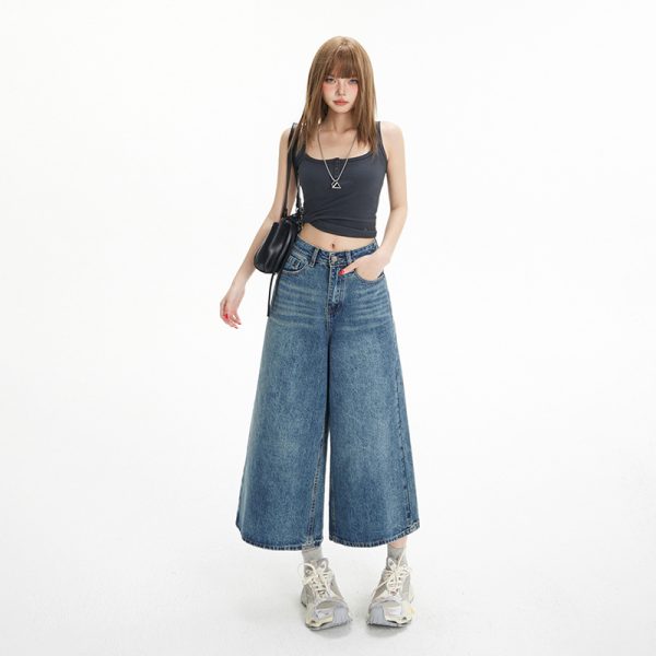 High-Waisted Loose Wide-Leg Pants Flowy Versatile Cropped Straight-Leg Jeans for Women - Image 4