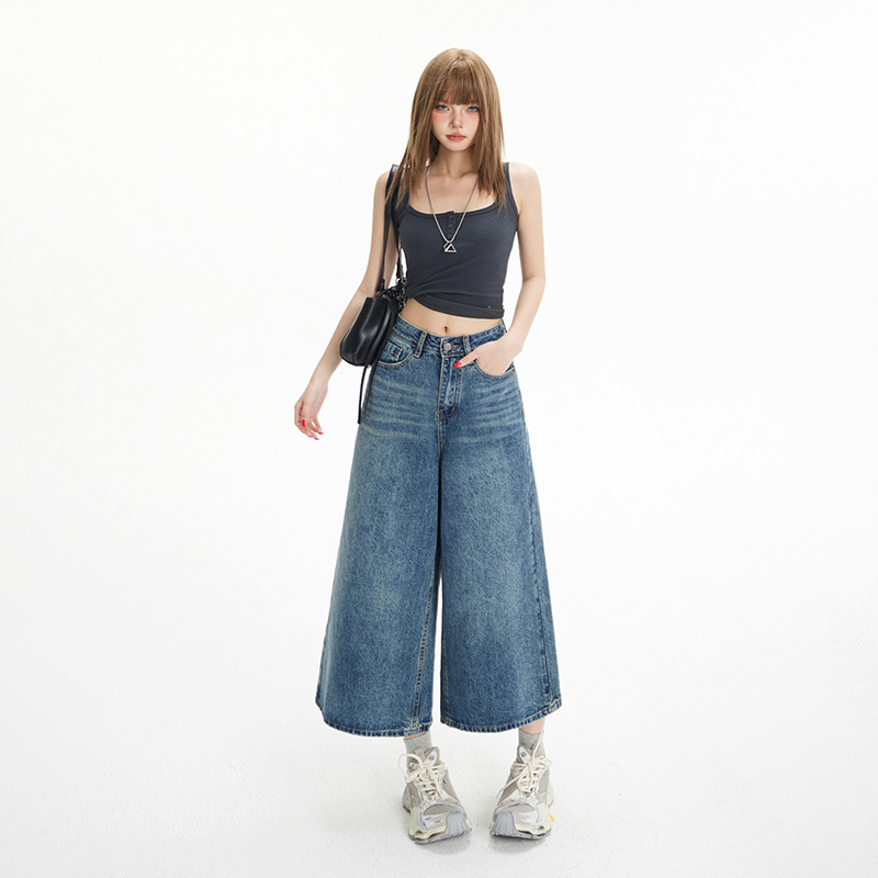 High-Waisted Loose Wide-Leg Pants Flowy Versatile Cropped Straight-Leg Jeans for Women - Image 4