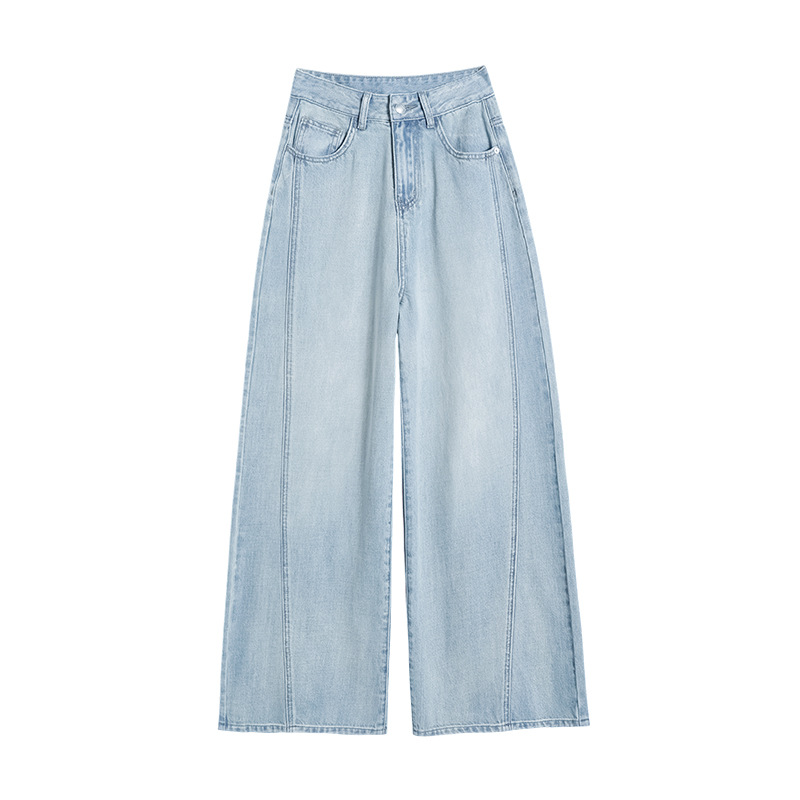 Women's Tencel Lyocell Wide-Leg Jeans with High Waist and Splicing Straight Leg Long Pants