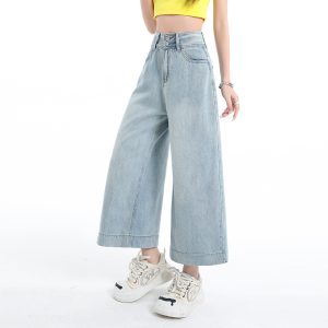 552572202 Light Blue Jeans for Women Summer Loose Straight Leg Cropped Ice Silk Wide Leg Pants