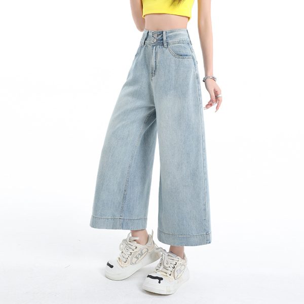 Light Blue Jeans for Women Summer Loose Straight Leg Cropped Ice Silk Wide Leg Pants