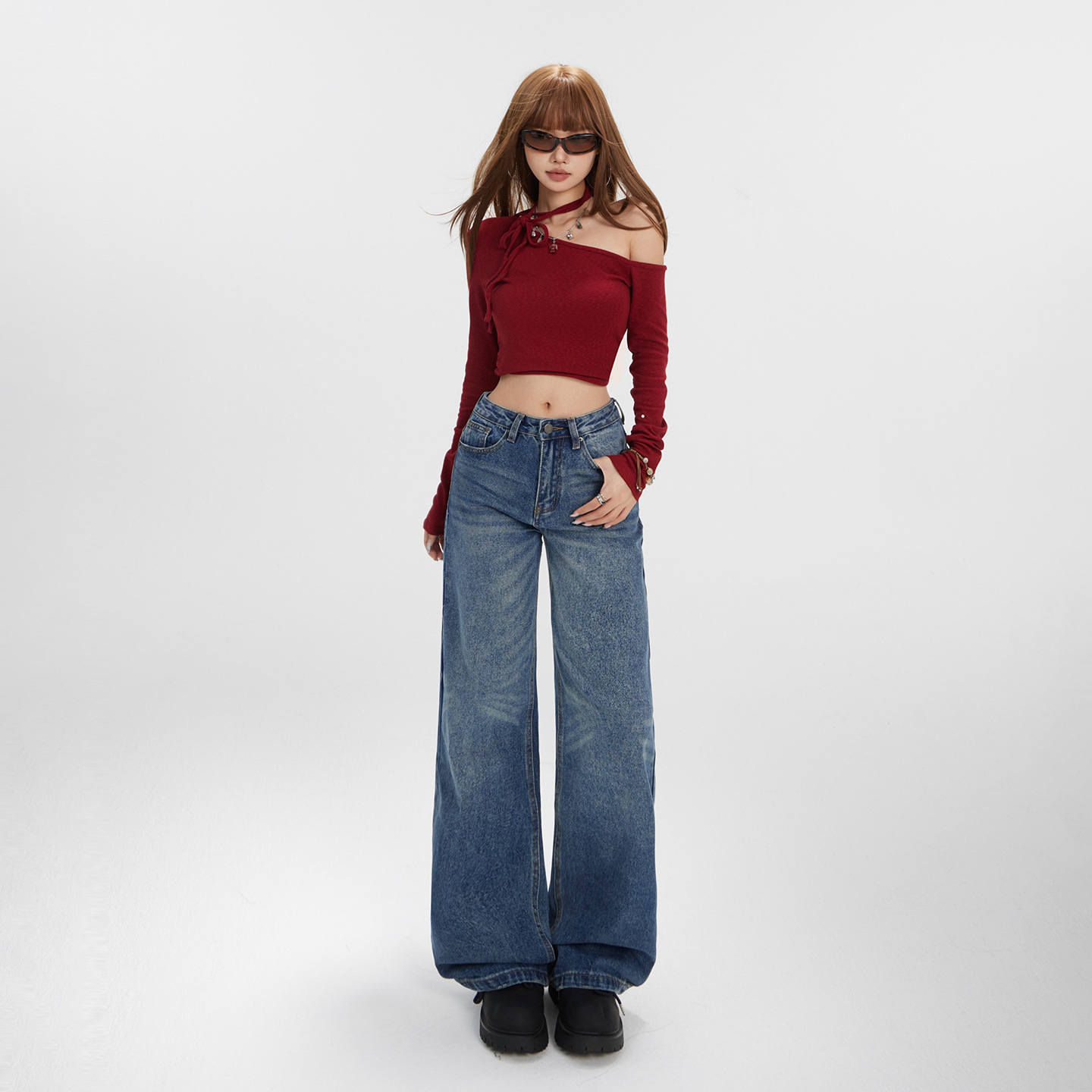 Washed Straight Leg Jeans for Women with Textured Design, Slim Wide Leg High Waist - Image 2