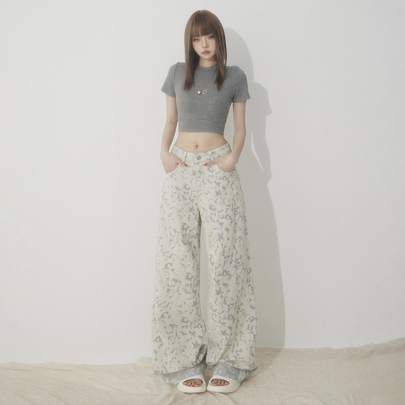 White Tie-Dye Printed Jeans for Women High Waist Loose Wide Leg Pants - Image 3