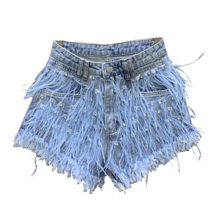 552572136 Tassel studded diamond washed denim shorts