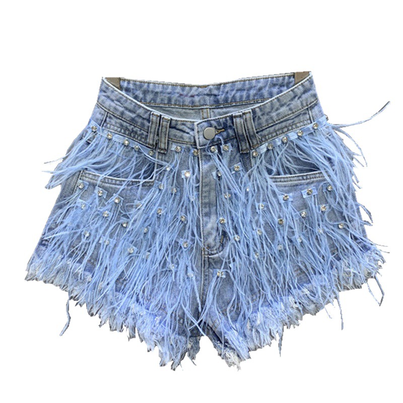 Tassel studded diamond washed denim shorts