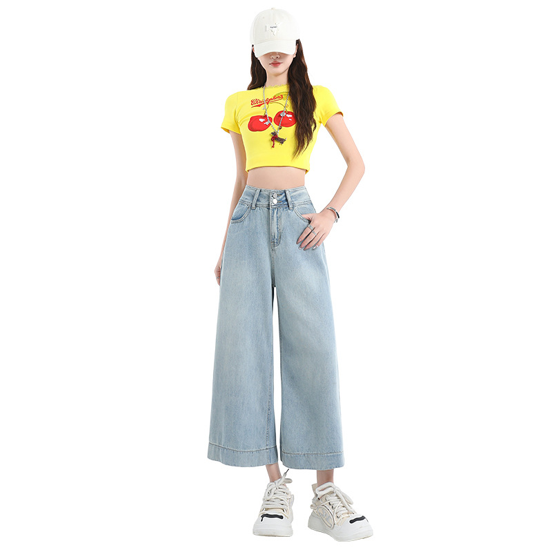 Light Blue Jeans for Women Summer Loose Straight Leg Cropped Ice Silk Wide Leg Pants - Image 6