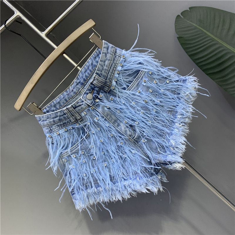 Tassel studded diamond washed denim shorts - Image 2