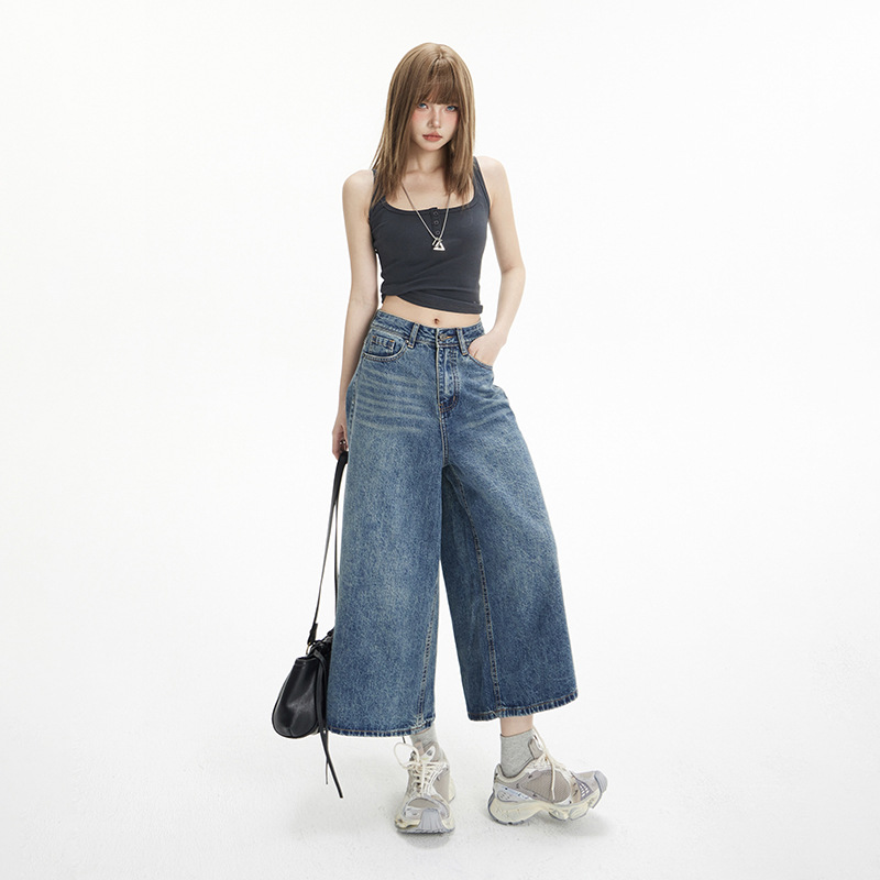 High-Waisted Loose Wide-Leg Pants Flowy Versatile Cropped Straight-Leg Jeans for Women - Image 5