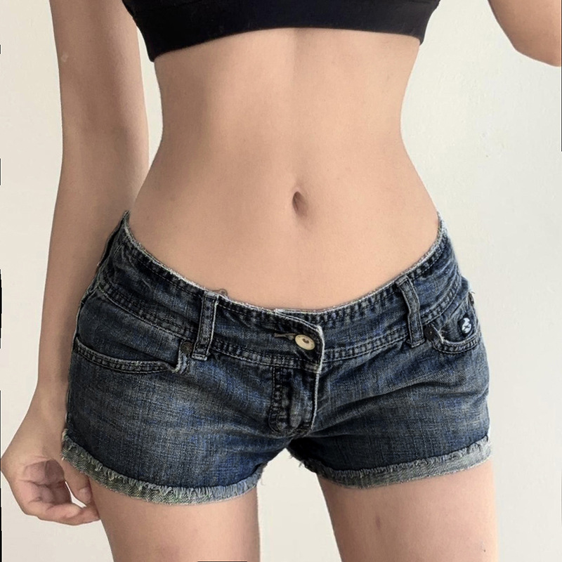 Retro washed blue low waisted denim shorts - Image 4