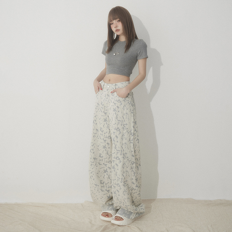 White Tie-Dye Printed Jeans for Women High Waist Loose Wide Leg Pants - Image 5