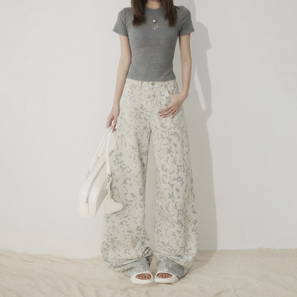 White Tie-Dye Printed Jeans for Women High Waist Loose Wide Leg Pants - Image 6