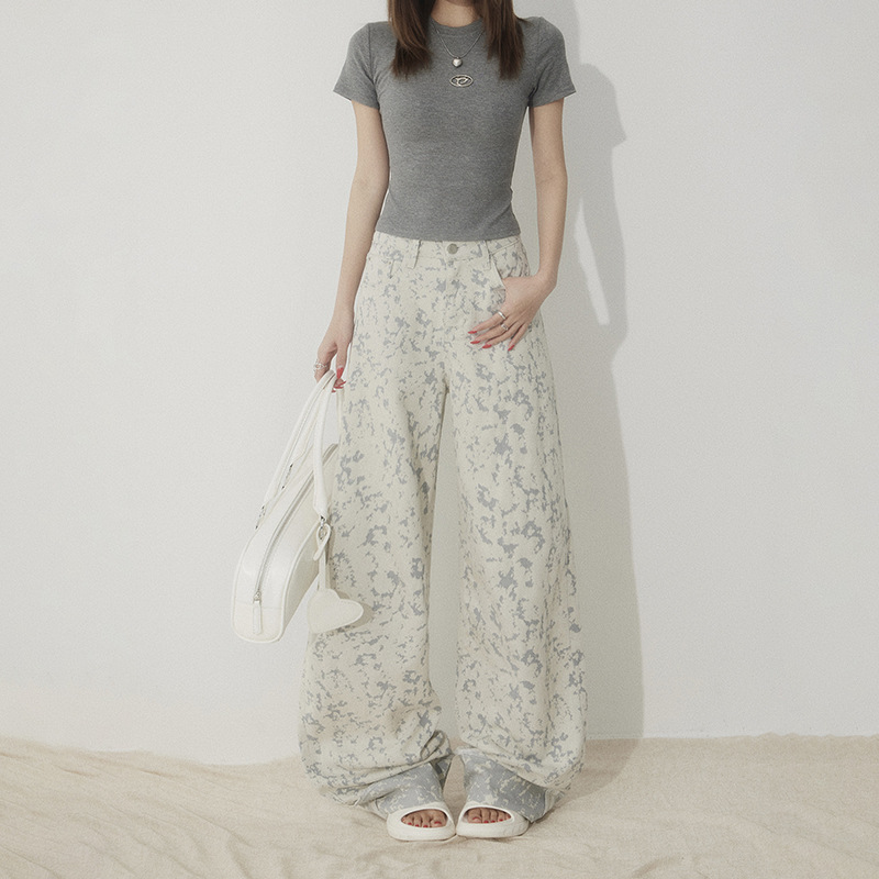 White Tie-Dye Printed Jeans for Women High Waist Loose Wide Leg Pants - Image 6