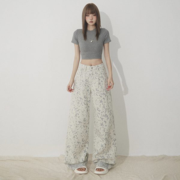 White Tie-Dye Printed Jeans for Women High Waist Loose Wide Leg Pants - Image 2