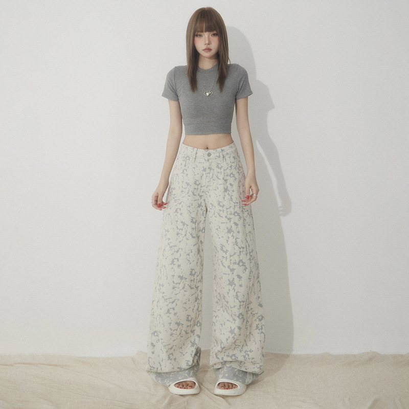 White Tie-Dye Printed Jeans for Women High Waist Loose Wide Leg Pants - Image 2