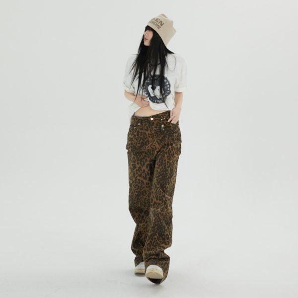 Women's Straight Print Jeans Wide Leg Loose Female Vintage Casual Pants - Image 3