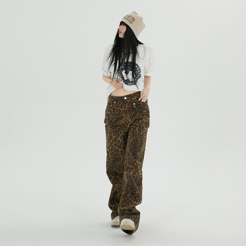 Women's Straight Print Jeans Wide Leg Loose Female Vintage Casual Pants - Image 3
